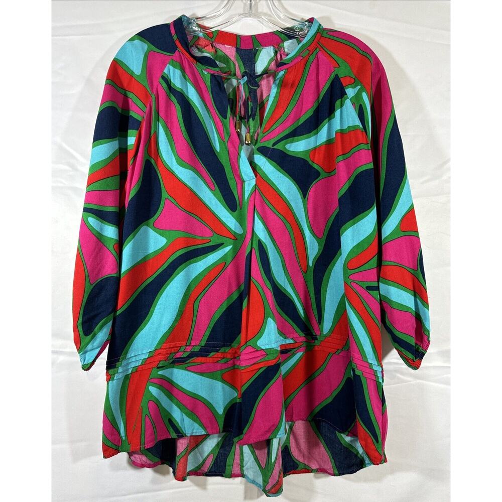 Women's 100% Rayon Peasant Top Blouse Colorful Print 3/4 Sleeve Size M by Lands